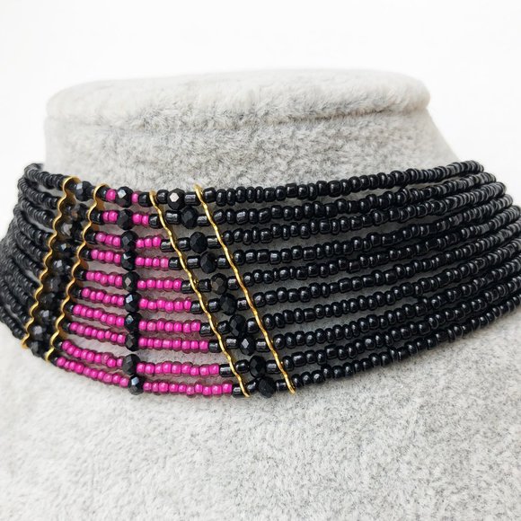 Pink and black wide collar choker, accent multi strand choker necklace OOAK - Picture 5 of 10